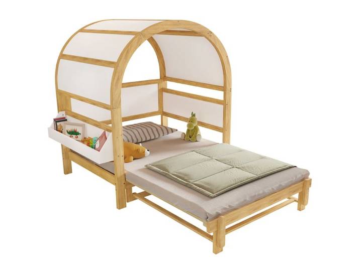 VLIVRA Lit cabane 140×200 cm Lit Double - gigogne tablette latérale - Enfant - sans matelas - en Bois Blanc et Naturel