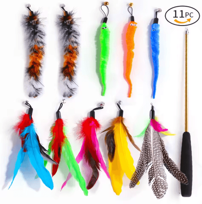 Inspire Picks Retractable Cat Wand Toy Set Feather Teaser With Caterpillar Replacement Heads black