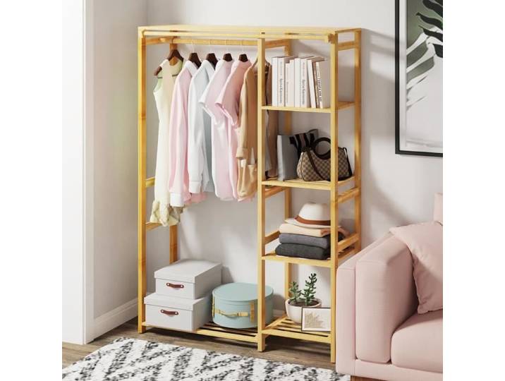 Portant Penderie à Vêtements en Bambou Porte-Manteau sur Pieds avec Rideau Idéal pour Chambre Salon Vestiaire