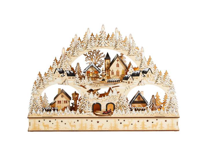 Lichterbogen, Braun, Weiß, Beige, Holz, Kiefer, Linde, Winterlandschaft, 60x42x10 cm, zum Stellen, Lampen & Leuchten, Innenbeleuchtung, Dekoleuchten, Dekoleuchten