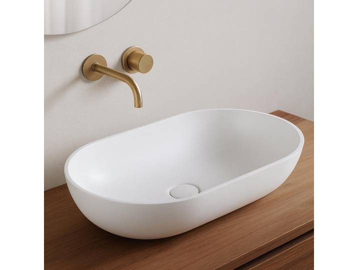 Vasque ovale à poser pour salle de bain, blanc brillant, résine composite - Slender