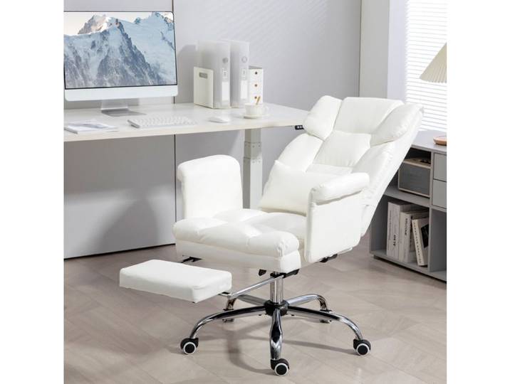 MEUVYX Chaise de bureau ergonomique inclinable 155° avec repose-pieds et coussin lombaire en similicuir blanc
