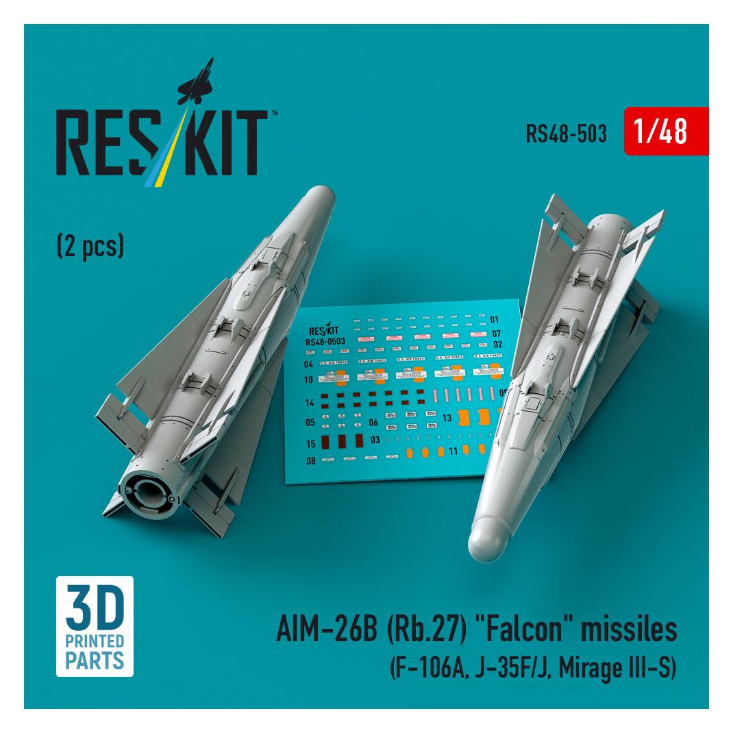 ResKit AIM-26B (Rb.27) Falcon missiles (2 pcs) (F-106A, J-35F/J, Mirage III-S) (3D Printed) (RS48-0503)