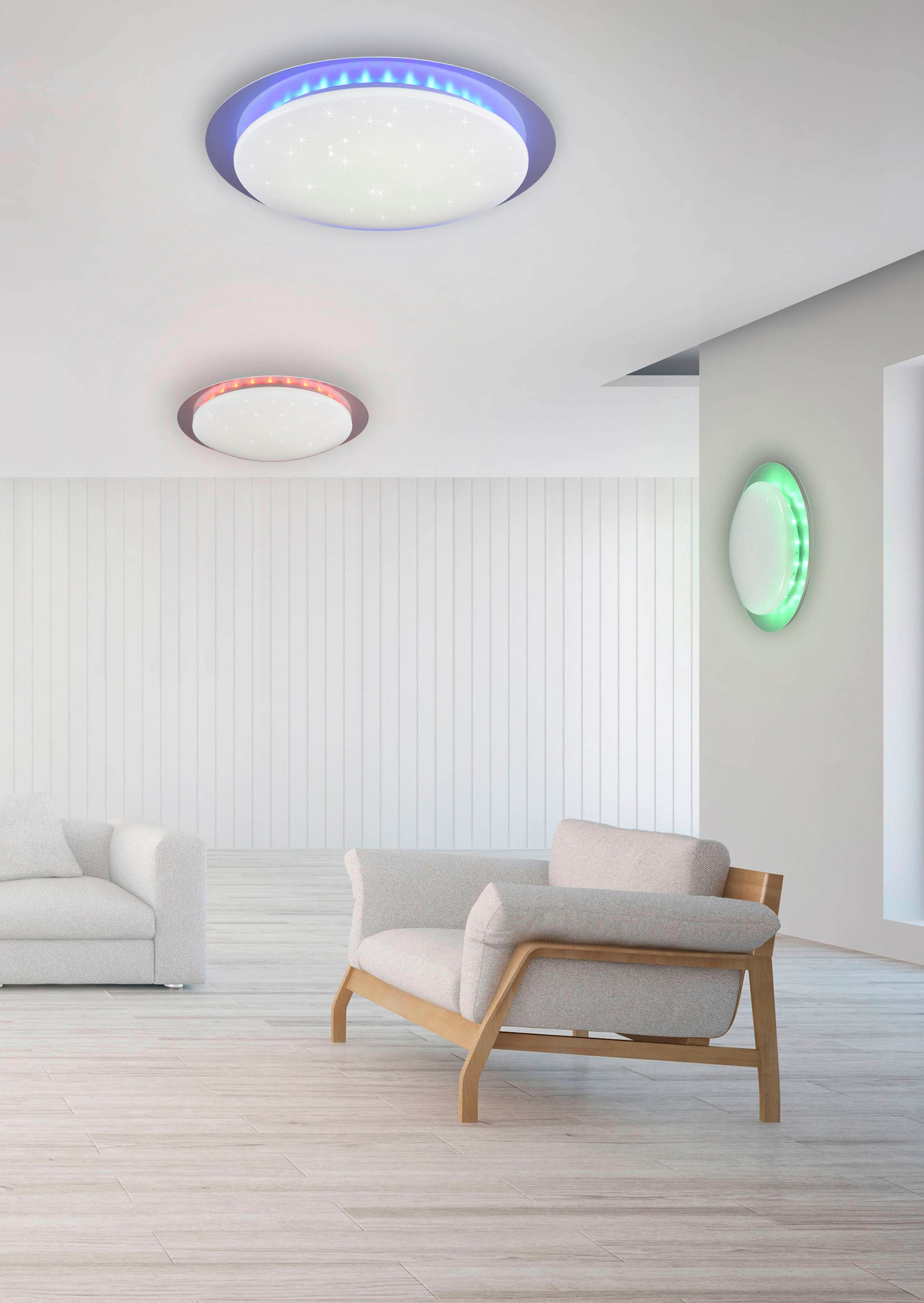 REALITY LEUCHTEN LED Deckenleuchte "Joleen", weiß, 1, Ø 35cm H: 10cm, 1 Stk., Leuchten, Ø 35 cm mit RGB Backlight, Starlight-Effekt, inkl. Fernbed., Dimmer, LED Deckenleuchte