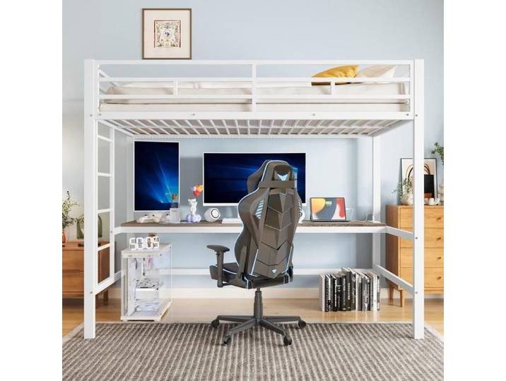 Lit mezzanine enfant - KOMHTOM - Grand lit 90x200 cm - Bureau intégré - LED & prise USB