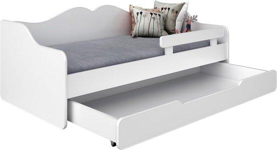 Famanu Kinderbett ausziehbar 140x70 cm weiß mit Lattenrost, Matratze und Schublade - mit Absturzschutz und Stauraum