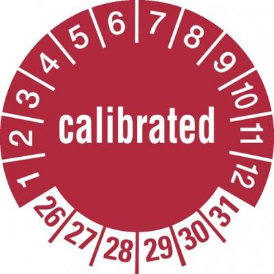 König Werbeanlagen Prüfplakette ab 26, calibrated, rot/weiß, Folie, Ø 30 mm - Bogen = 10 Plaketten - 30 mm Folie selbstklebend