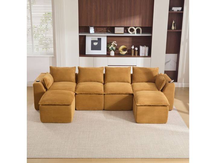 COVREO Canape modulable 4 places avec 2 poufs velours cotele orange porte-gobelet et poches laterales