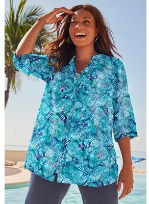 Plus Size Women's Pintuck Buttonfront Blouse by Catherines in Ocean Stamped Paisley (Size 6X)