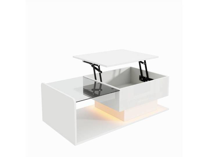 Table basse relevable blanche laquée — plateau verre trempé éclairage LED pilotable