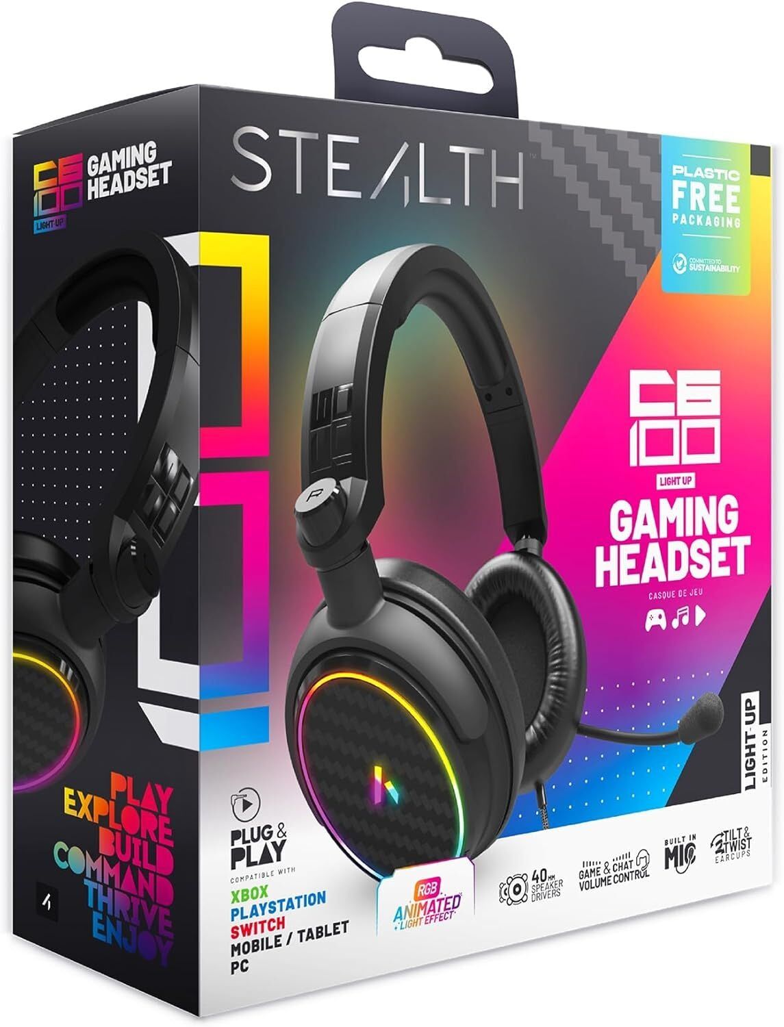 STEALTH C6-100 LED Light-Up Gaming Headset – Multi-Format Wired Headset for PS5, PS4, Xbox, Nintendo Switch, PC & Mobile, 40mm Drivers, Flexible Mic, New