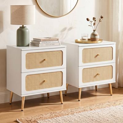 Uixe Mid-Century Modern Solid Wood Rattan Nightstand with 2 Drawers
