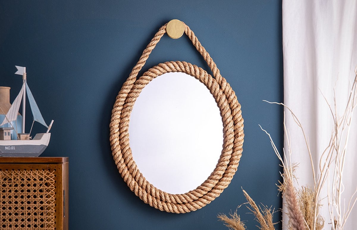 Invicta Interior Maritieme wandspiegel Seven Seas met natuurlijk ovaal frame en gouden touwophanging, 60 cm