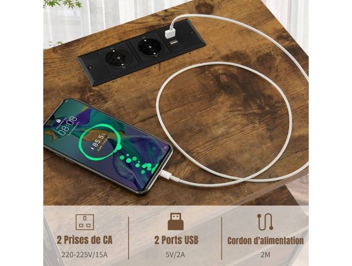 Ensemble de 2 tables de chevet marron en bois et métal avec station de charge 4 ports 2 tiroirs et 6 poches pour chambre et salon