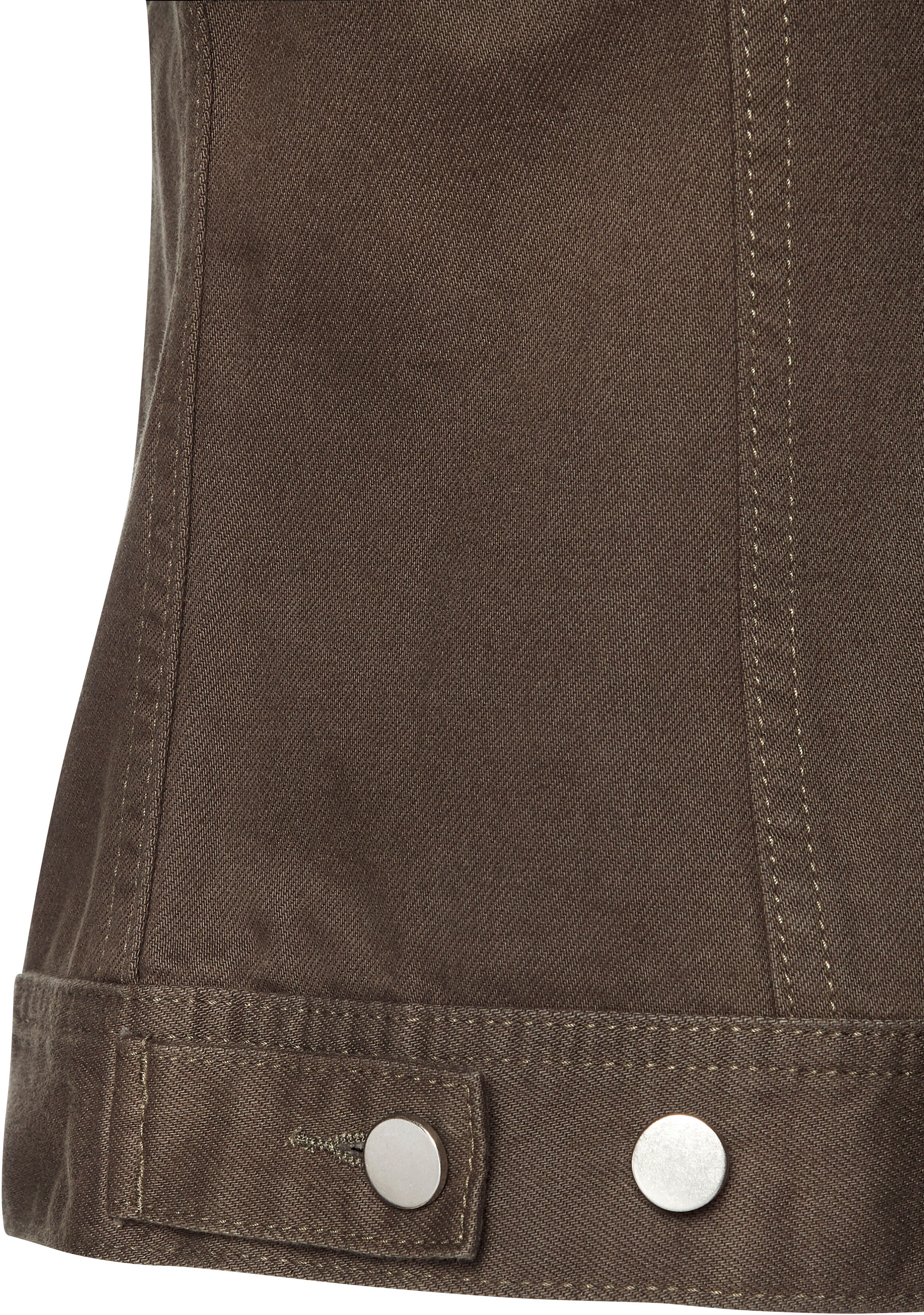 Jeansjacke LASCANA "mit zwei Pattentaschen und Riegeln am Saum", Damen, Gr. 44, dunkelkhaki, Denim/Jeans, Obermaterial: 100% Baumwolle, unifarben, figurumspielend hüftlang, 1-Knopf-Manschette, Jacken Jeansjacke, Denimjacke, kurze Übergangsjacke, Sommerjac