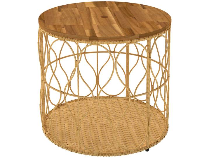 Outsunny Bijzettafel Ø50 cm weerbestendig Tuintafel met rotanlook Acaciahouten tafelblad verstelbare voetjes Teak