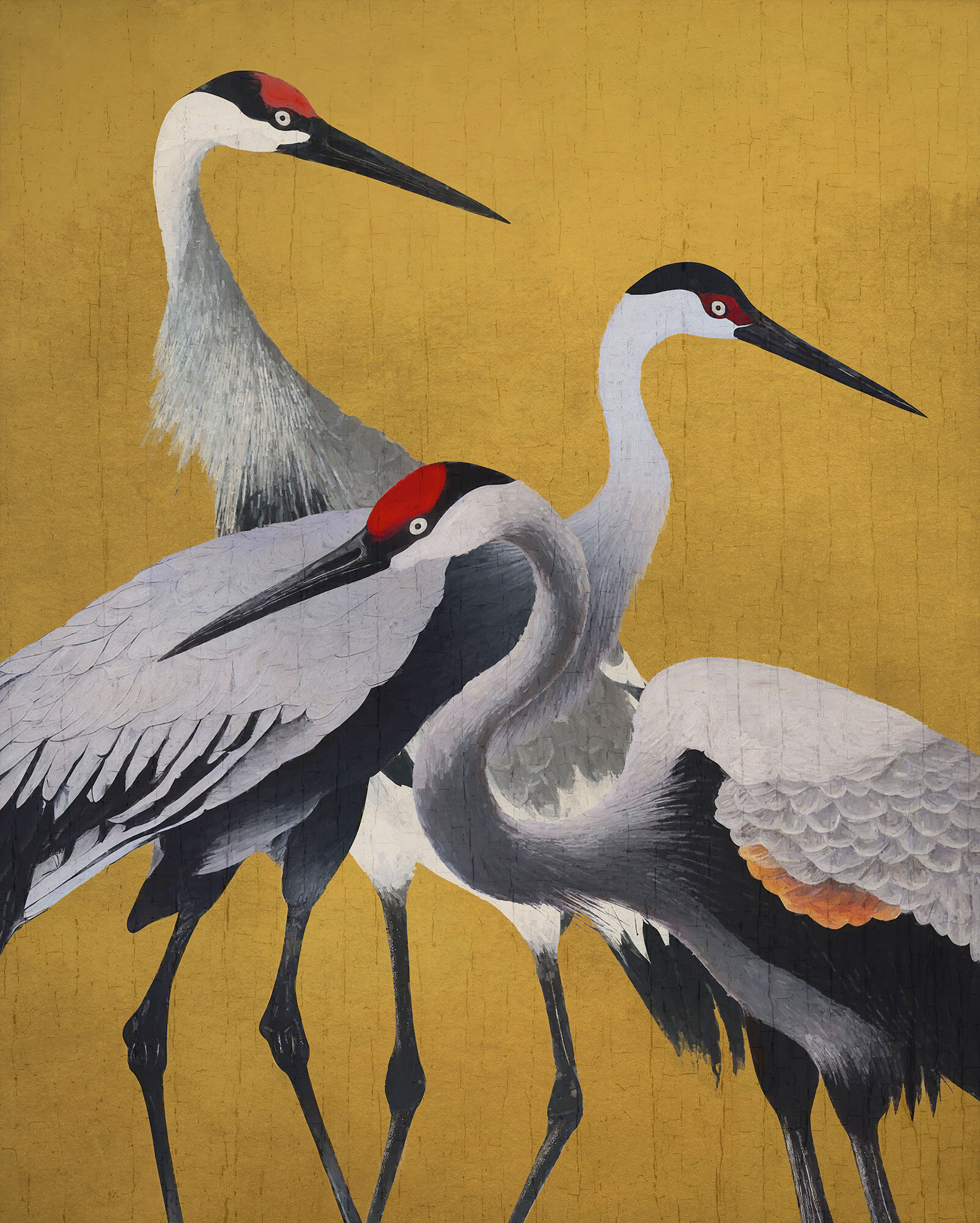 Fototapete KOMAR "Komar Vlies Fototapete - Yellow Cranes - Grösse 200 x 250 cm", lila (modern), L:2,5m, Vlies, Tapeten, Fototapete modern B/L: x 2,5m, Rollen: 1