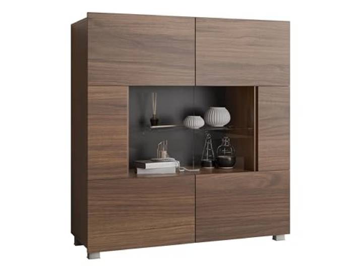 Mirjan24 Kommode Calabrini BR01 mit 2 Türen (Nuss Warmia, ohne LED) Moderne grifflose Kommode mit gehärtetem Glas und viel Stauraum für Wohn- und Schlafzimmer