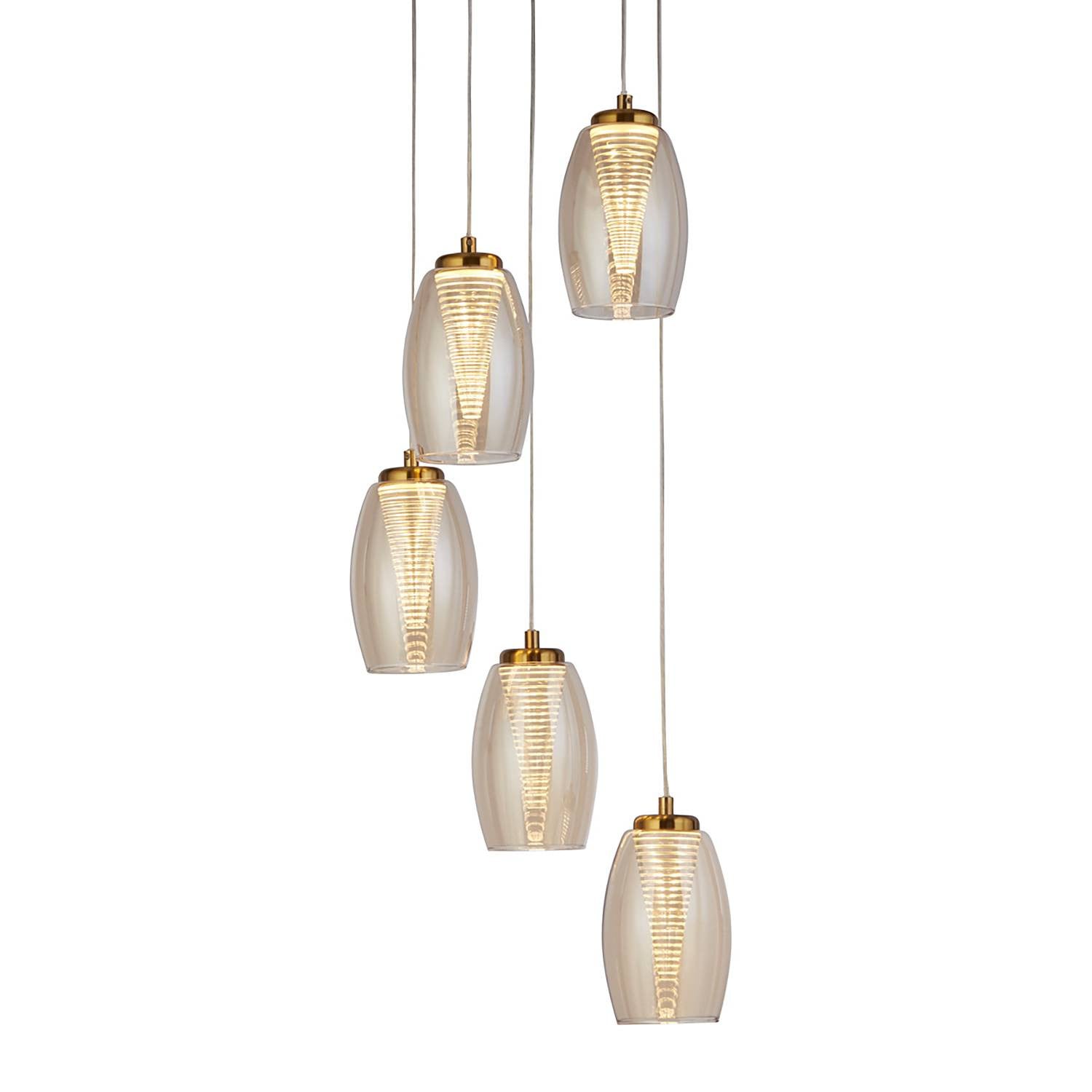 Searchlight Cyclone 5-lichts hanglamp brons met gekleurd glas