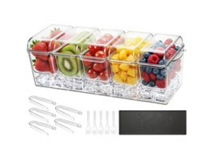 VEVOR Saladette à Poser 5 Compartiments, Bac à Garnitures Réfrigéré par Glace, pour Fruits Légumes Bar Buffet Froid Restaurant, Station de Garnitures Ingrédients en Plastique avec Couvercles Séparés