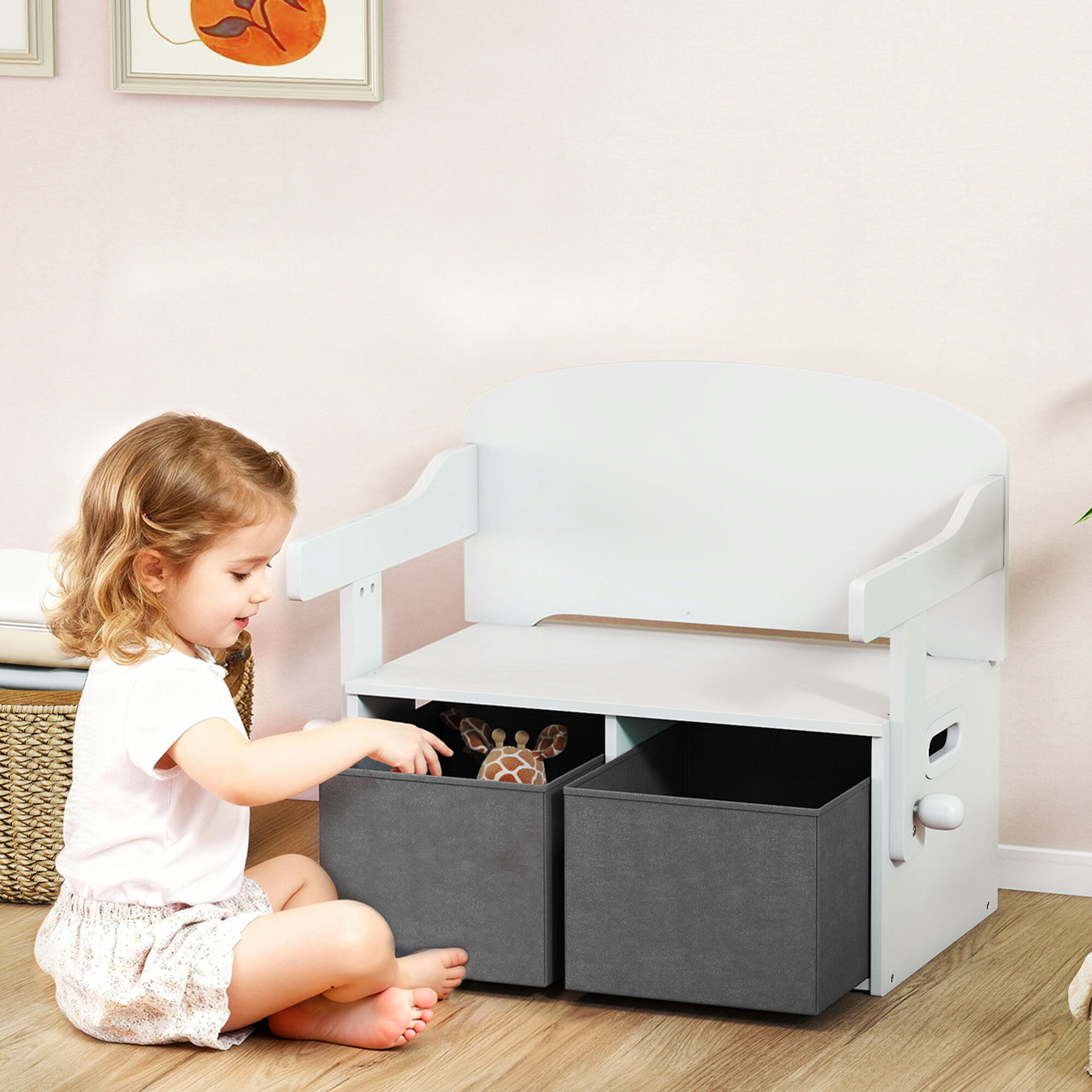 Altro 3 In 1 Panca Porta Giochi Per Bambini 3-6 Anni, Convertibile In Tavolo E Sedia Con 2 Contenitori, Bianco