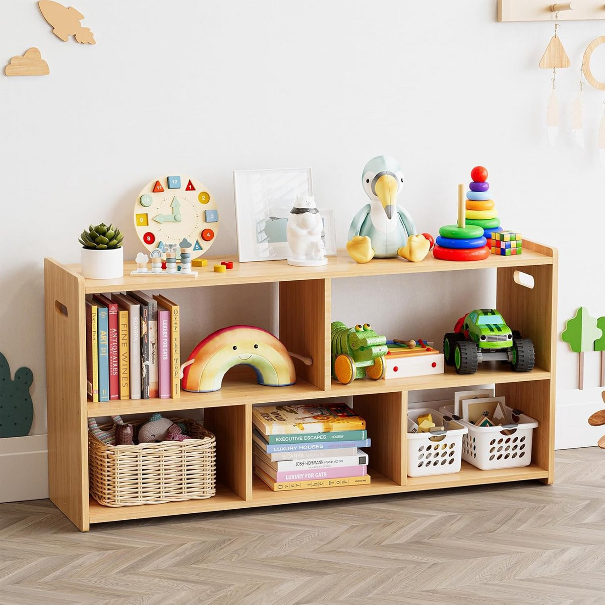 Merkloze Houten Montessori Boekenkast met 5 Vakken - Wandplank Organizer voor de Kinderkamer