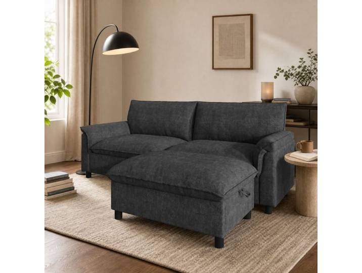 Canapé modulaire 3 places - ZEVKOR - Modulaire - Pouf coffre - Chenille noir - Convertible réversible