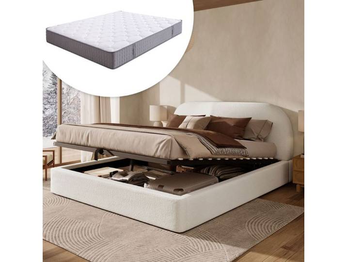 Lit double complet - SOGEU - 180 x 200 - Mécanisme hydraulique - Tête de lit rembourrée - Matelas inclus