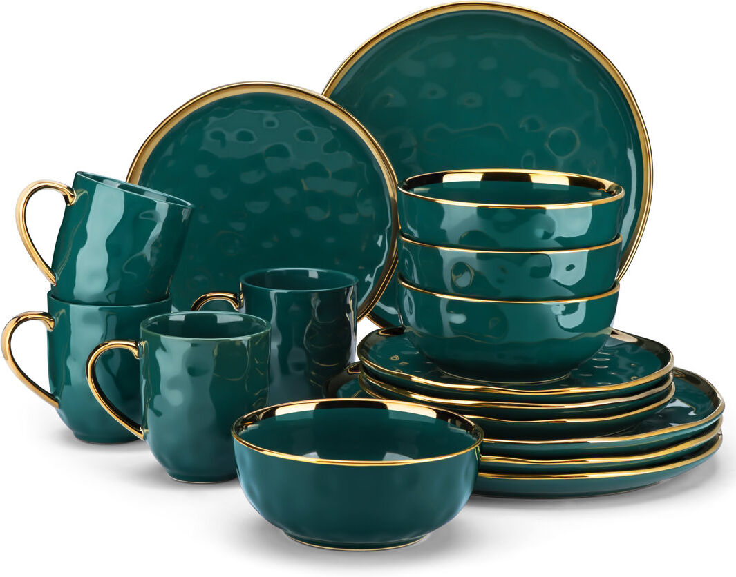 LOVECASA Colour Handmade Ceramic Dinnerware Set 16 Piece - Service for 4 Teal/Gold 16