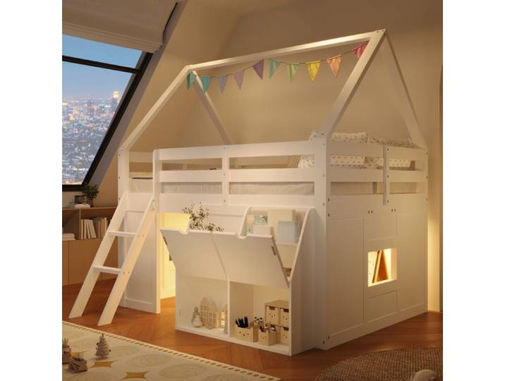 COVREO Lit mezzanine enfant cabane 140 x 200 cm avec LED rangements et échelle blanc