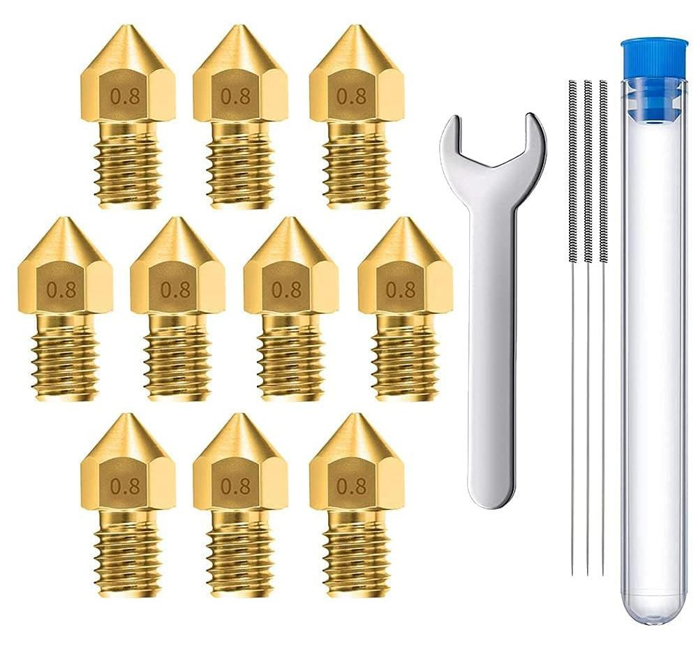 Selius 10 stuks Messing 3D Printer Nozzles Extruder 0.8mm inclusief 3 reinigingsnaalden