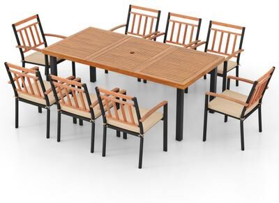 Costway 9 Pieces Patio Dining Set 39.5 Inch Acacia Wood Table with Umbrella Hole and 24-Inch Wide Chairs