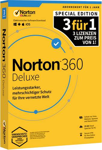 Norton Life Lock Norton 360 Deluxe Special Edition Jahreslizenz, 3 Lizenzen Windows, Mac, Android, iOS Sicherheits-Software