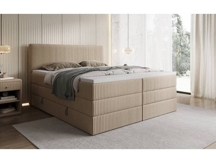 Boxspringbett Kubo King in Cord mit Stauraum - 140x200 - Weiß - H4 (100kg+) - Luxusbetten24