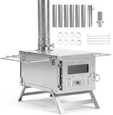 Costway Hot Tent Stove Portable Wood Burning Stove with 7 Chimney Pipes and Spark Arrestor-Silver