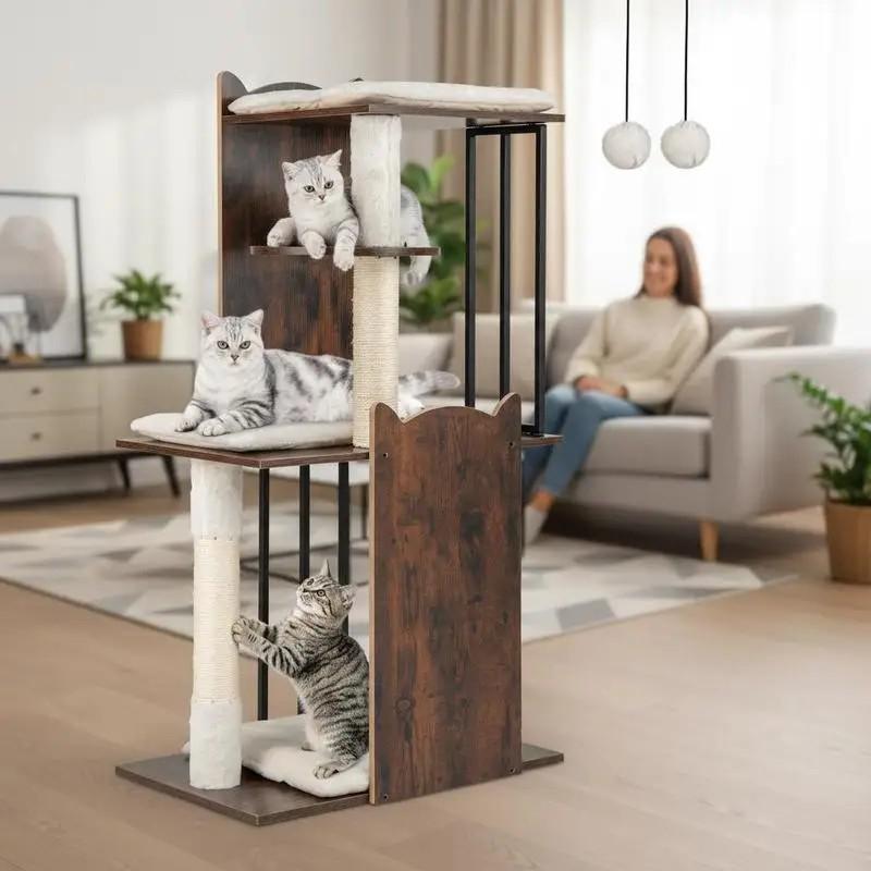 Moderner Katzenbaum für Wohnungskatzen 112 CM Hoch Rustikal Braun
