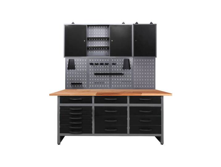 Werkbankset, Anthrazit, Grau, Holz, Metall, Buche, 1 Fächer, 15 Schublade(n) Schubladen, 160x205x60 cm, Fsc, Freizeit, Heimwerken, Werkstatt
