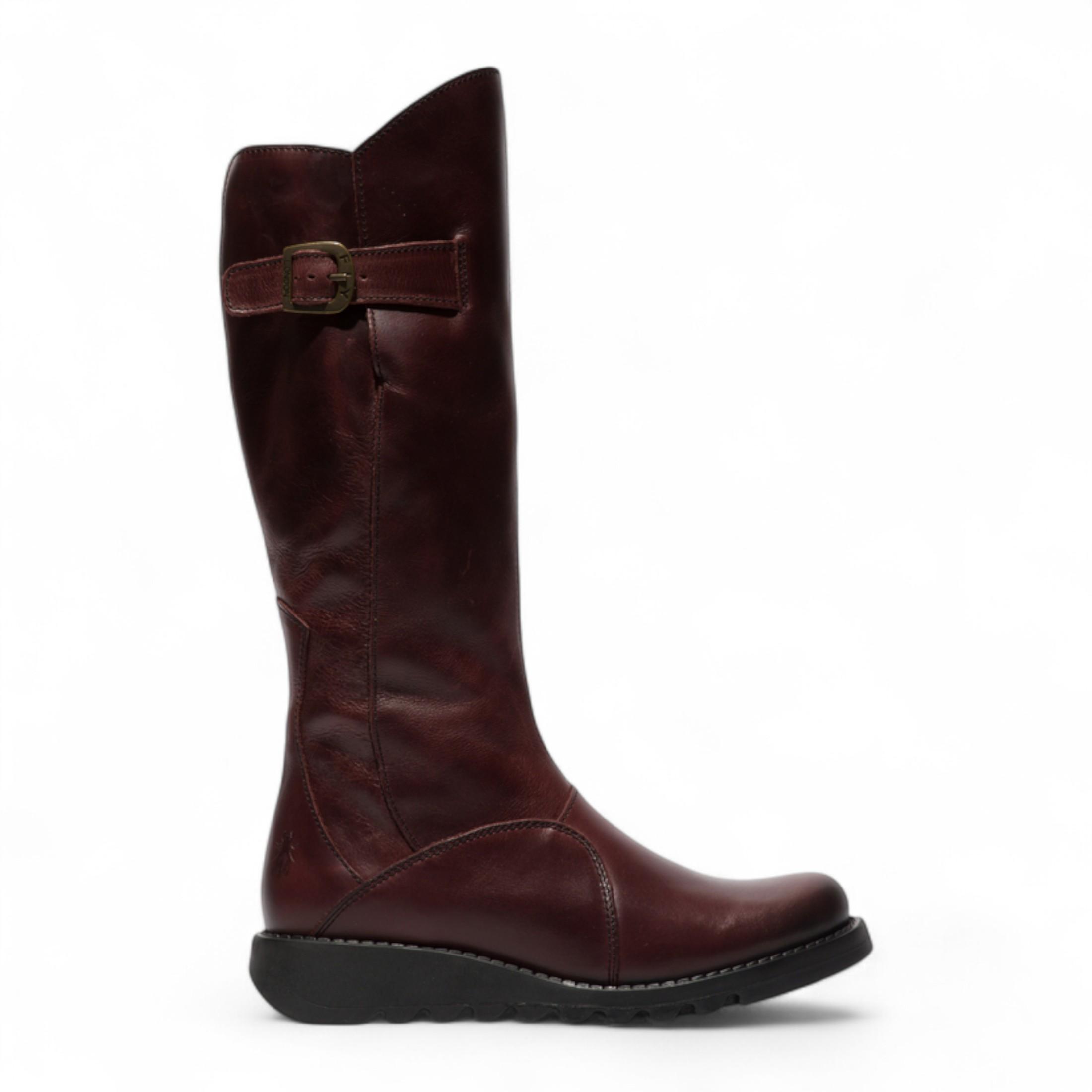 Fly London Damen MOL 2 Lederstiefel mit Keilabsatz, kniehoch, mit Reißverschluss, Weinrot