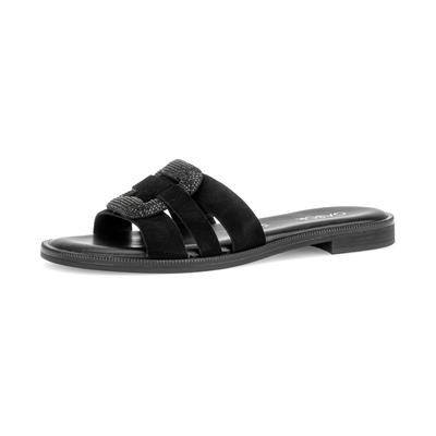 Pantolette GABOR, Damen, Gr. 38, Synthetik, schwarz, Ziegenveloursleder, festlich, Schuhe Pantolette, Blockabsatz, Sommerschuh, Schlupfschuh, Zierspange mit Schmucksteinen