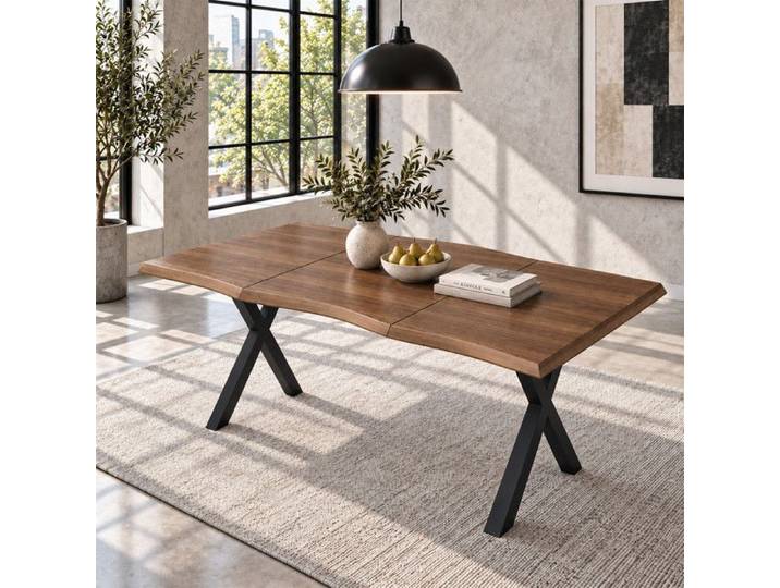 Table avec plateau de ondulé et plateau épaissi pieds en fer en forme de X Table a manger 160x78x75cm Walnut