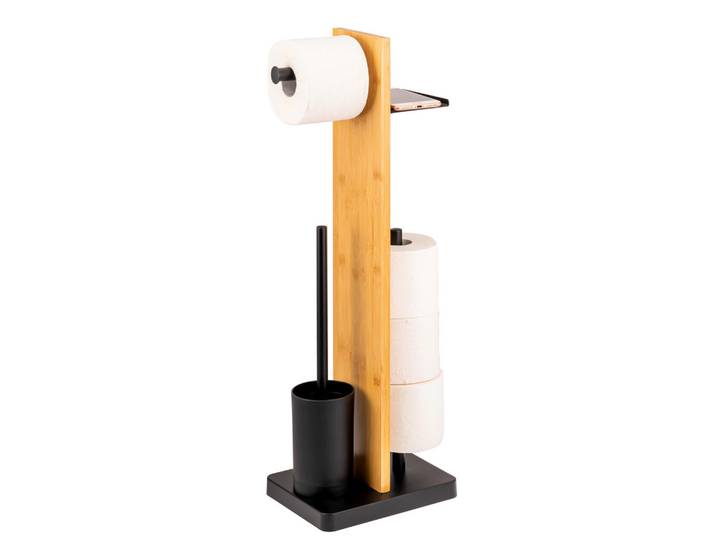 eluno Wc-Bürstenkombination 4in1, Bambus/Metall, schwarz, Schwarz, Holz, 23x68x18 cm, Badezimmer, WC Ausstattung, WC-Bürsten