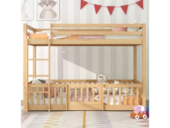 DRIPEX Lit Superposé 200x90cm avec escalier à angle droit Lit Enfant avec barrières de sécurité et petites portes naturel