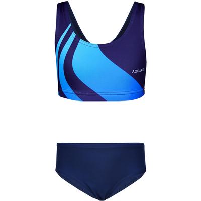 Bustier-Bikini AQUARTI "Bikini Mädchen Sport Bikini Racerback Bustier & Bikinislip", Mädchen, Gr. 140, N-Gr, blau (wellen blau dunkelblau), Obermaterial: 80% Polyamid PA. 20% Elasthan EL., Bikini-Sets