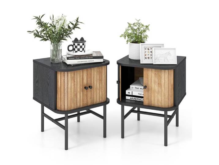 COSTWAY Lot de 2 Table de Chevet - Portes Coulissantes - Pieds en Métal - Design Milieu du Siècle - pour Chambre Salon Noir