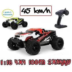 ferngesteuerter RC Monstertruck Rot 1:18, 2 Akkus, Allrad