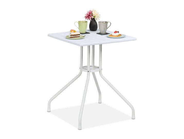 Relaxdays Gartentisch Weiß Holzoptik, Kunststoff, Metall, 62x73x62 cm, Gartenmöbel, Balkonmöbel