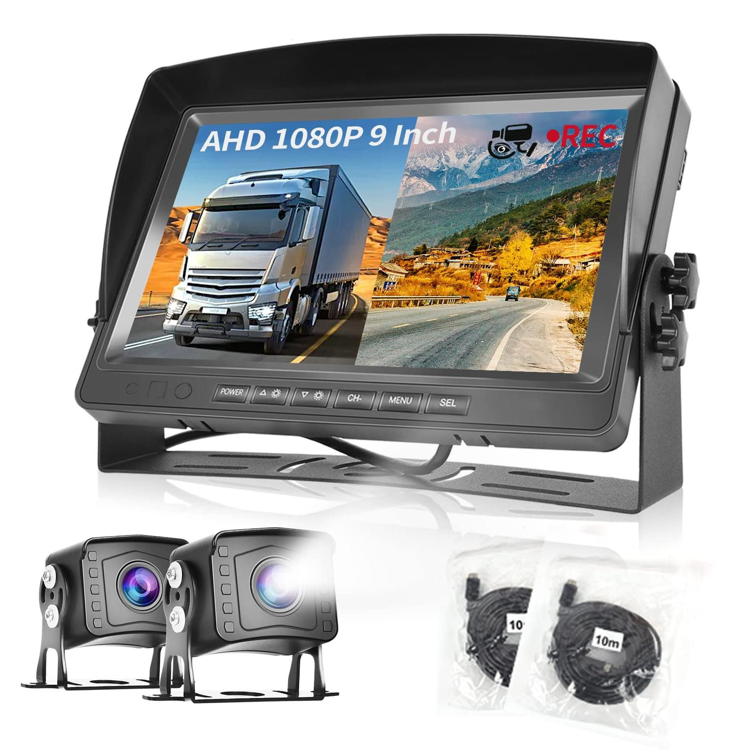 Selius Achteruitrijcamera Systeem Dubbel met 9 Inch LCD Monitor, 12-35V, Bekabeld, Groothoeklens en Nachtzicht