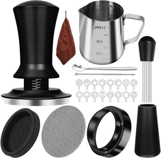 Unyqoos Barista-set voor espresso inclusief 58 mm roestvrijstalen tamper, zwarte latte-art accessoires, magnetische doseerring en melkkannetje