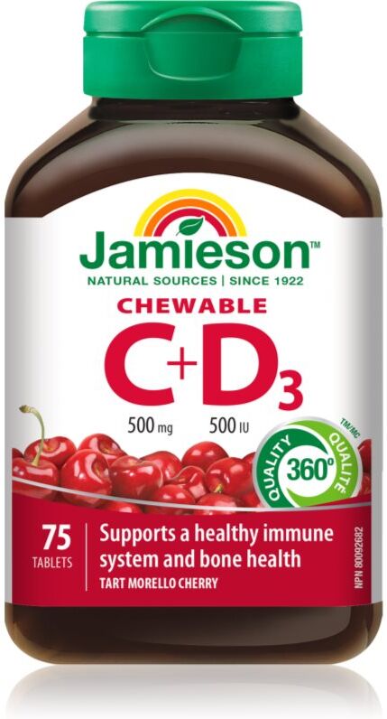 Jamieson C + D3 Chewables comprimés à sucer pour renforcer le système immunitaire, retrouver une belle peau, de beaux ongles et des dents en bonne santé saveur Morello Cherry 75 pcs