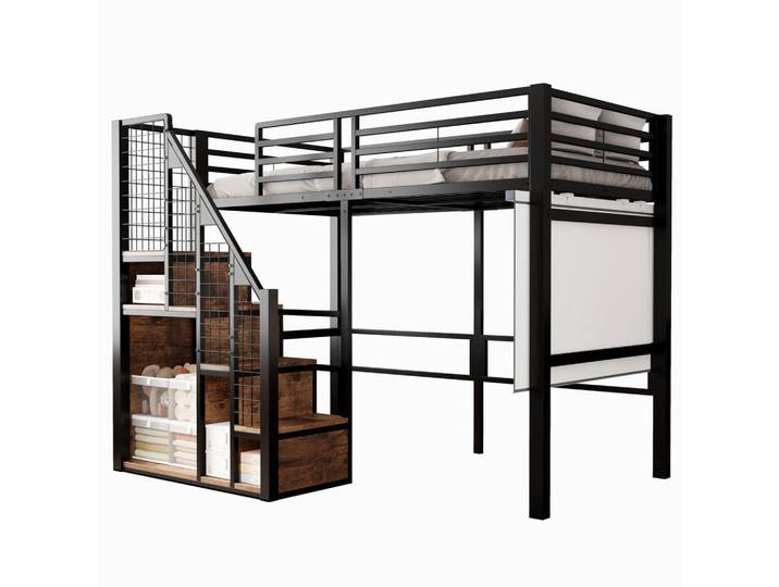 Modfu Hochbett aus Metall 90x200 cm in Schwarz mit Treppe & Stauraum, 90x200 cm, Babymöbel & Kindermöbel, Kinderzimmer & Jugendzimmer, Kinderbetten, Hochbetten